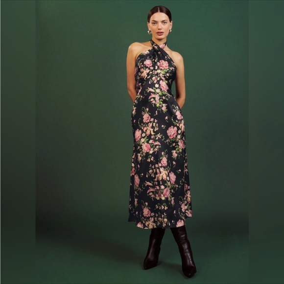 NEW NWT Reformation Maddison Silk Halter Midi Polina Black